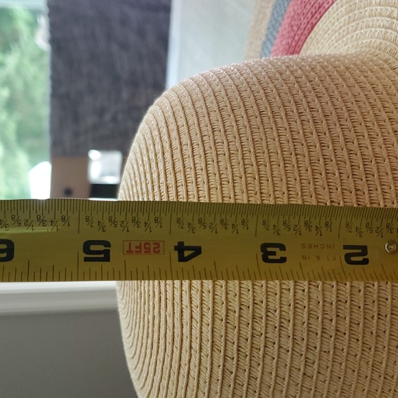 5" Wide Brim Straw Beach Hat - Tan, Red &  Blue - Picture 9 of 10